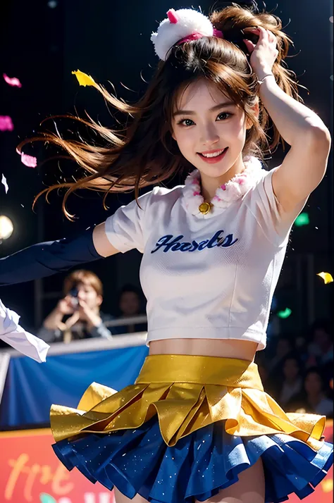 Beautiful Korean idol cheerleader
posters,Painting,high resolution,Ultra-detailed,Realistic:1.37,Vivid colors,hdr,Studio lighting,Sharp focus,
Dance energetically,Smiling happily,Perfect makeup,Stunning costumes,
crowd cheering,exciting atmosphere,dynamicp...