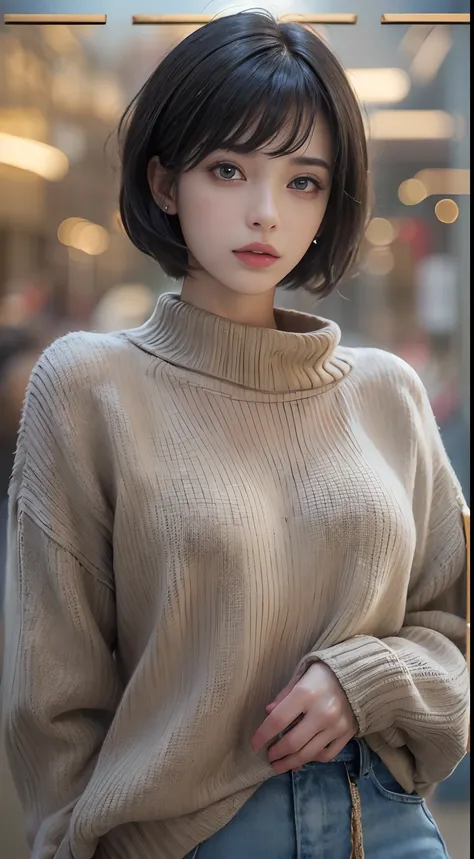 (masterpiece:1.3), (8k, photorealistic, RAW photo, best quality: 1.4), (1girl), beautiful face, (realistic face), (black hair, short hair:1.3), beautiful hairstyle, realistic eyes, beautiful detailed eyes, (realistic skin), beautiful skin, (sweater), absur...