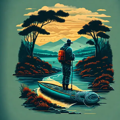 fishing man with fishing equipment in river landscape, tshirt design, vector-art