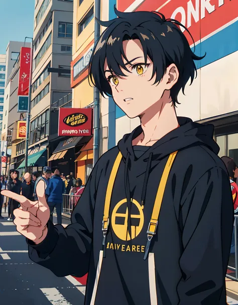 an anime guy with black hair in the crowded city, mature guy, cool looking, black long sleeves, yellow eyes, in the style of vintage aesthetics, celebrity and pop culture references, animated gifs,gritty reportage,asante art, 32k uhd, 19thcentury --ar 58:7...