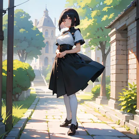 With the best image quality、Teenage girl standing alone outdoors。In high resolution、Beautiful fine details、tranquil atmosphere。((Black Hair Bob Hair))、Cute smile。(((breasts are large)))、I dont have anything in my hands、realistic hand、Medieval European nati...