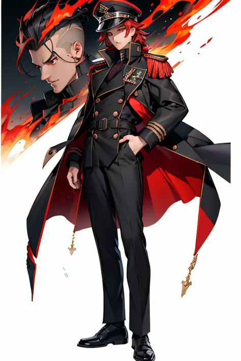 masterpiece, bestquality, 1man, a guard uniform(black trench coat), long pants(covering ankles), peaked hat, epaulettes, cynical face, red hair, red eyes, hair slicked, parade rese pose, burning hands, standing, low formal shoes