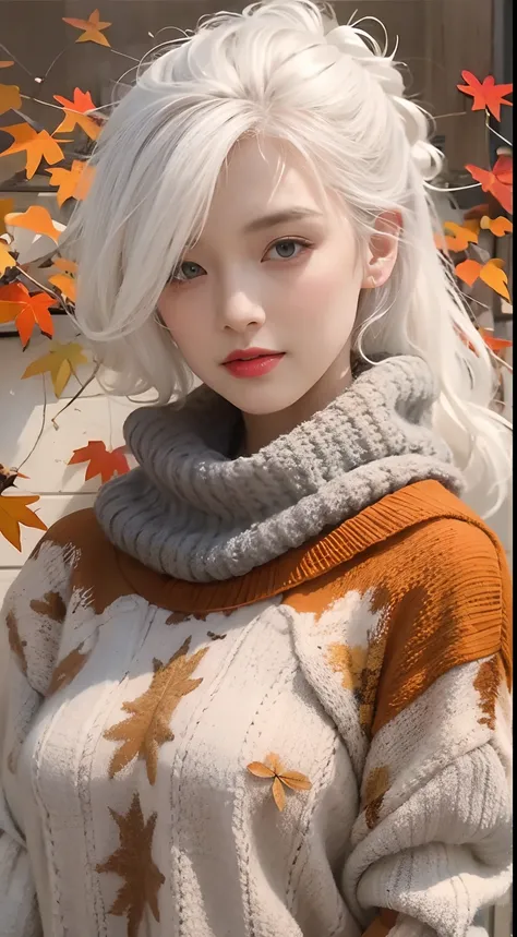 Medium Shot Shot, A beautiful woman looks at the camera, White hair, Chris Foss autumn off-the-shoulder sweater