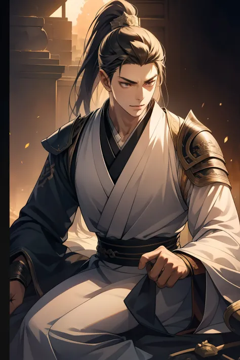 quadratic element，style of anime，mtu（Male Warrior），The proportions are correct，Face details，swordsmen，High ponytail hairstyle，Neck details，There is an Adams apple，Black Hanfu，kaftan，Embroidered robes，Black robe，clothes details，Handing over，longer sleeves，G...