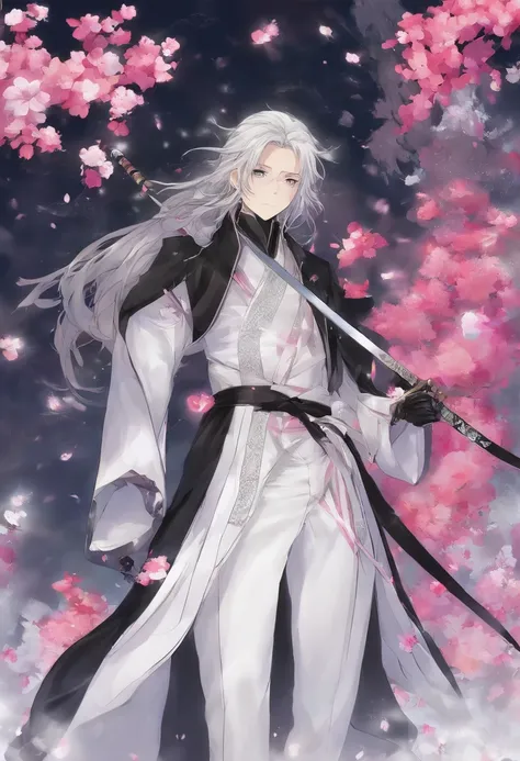 anime,Garota de cabelo branco misturado com rosa e roxo,olhos brancos, holding a katana in his right hand made of ice,fragmentos de gelo ao seu redor e o solo congelado,wearing black pantyhose up to just before the waist,com uma saia um pouco curta indo an...