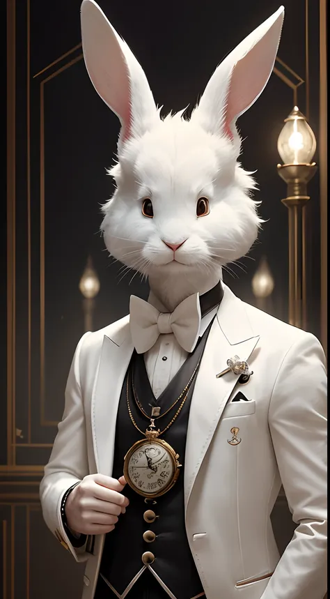 portrait photography cute White Rabbit, in the theme of alice in wonderland, adorable cute White Rabbit, the rabbit wearing Tuxedo jacket and holding pocket watch, fantasy concept art, trending on cgsociety, trending artstation, by greg rutkowski, cartoon,...