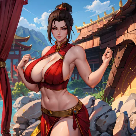 (masterpiece), best quality, ultra high res, 4k, perfect eyes, perfect face, (sharp focus), (Azula ) Beautiful woman walking outdoors in a temple, firebending, smirking (huge breasts:1.3) and (large breasts:1.3)brown perfecteyes