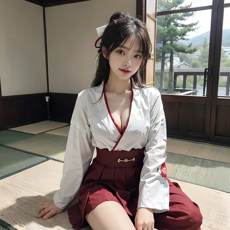 Woman in red skirt and white shirt is taking pictures, japanese girl school uniform, hakama kimono, Japan school uniform, Collar white and red, A Japanese style, Red kimono, Japanese style, traditional japanese, Wearing Hakama, japanese kimono,The backgrou...