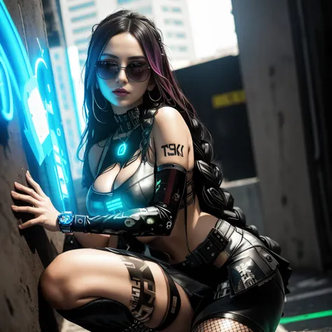 Araffed woman in a leather outfit and sunglasses leaning against a wall, no estilo cyberpunk, cyberpunk zangada deusa linda, Cyberpunk 2 0 e. o modelo menina, modelo bonito da mulher cyberpunk, menina de anime cyberpunk feminino, oppai cyberpunk, cyberpunk...