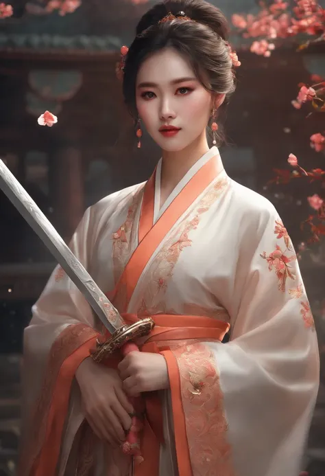 bestquality, masterpiece, highres,3 girl,Exquisite Face,Full body,chinese clothes,White dice coat,His right hand holds a sword. (Beautifully embellished),peach,