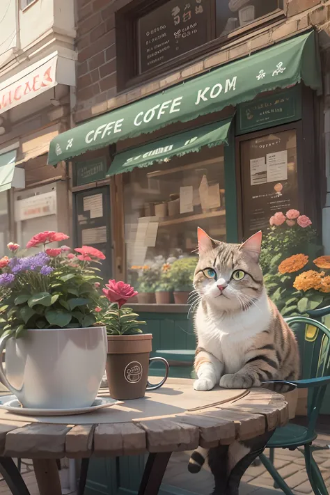 A round-eyed cat sits in front of a coffee house, Next to the flower pot.