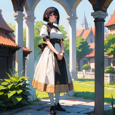 With the best image quality、Teenage girl standing alone outdoors。In high resolution、Beautiful fine details、tranquil atmosphere。((Black Hair Bob Hair))、Cute smile。(((breasts are large)))、I dont have anything in my hands、realistic hand、Medieval European nati...