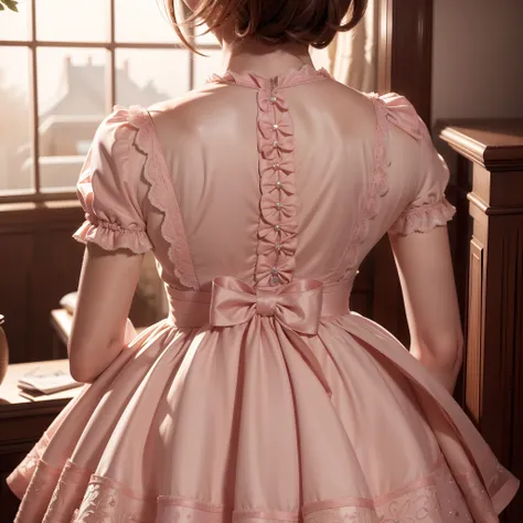 (Masterpiece:1.2), Best quality, A high resolution, Original, (Extremely detailed:1.2), Ultra-detailed, the wallpaper, Perfect lighting,(Extremely detailed CG:1.2), 8K, 1girll, Solo, Short hair, sweetLolita, Pink dress, shiny fabrics, From behind, rear ang...