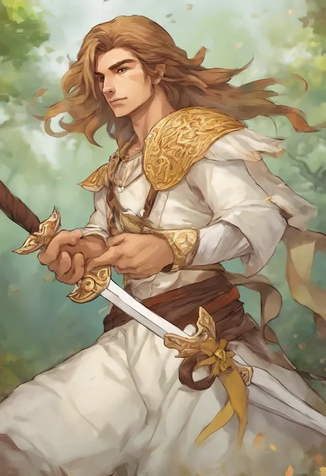 Garoto de 20 anos,cabelo loiro curto acima do ombro,usando uma roupa branca com um sobretudo branco em suas costas, holding a white sword in his hand mixed with yellow,olhos dourados