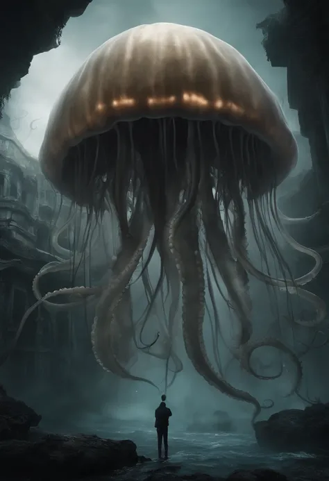 myth　Jellyfish-like creatures　Many tentacles grow from the head　the head is light gray　tentacles are black　Floating in the air　A devastated world　Collapsed buildings around　Standing there