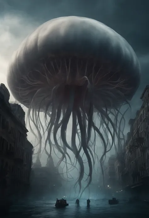 myth　Jellyfish-like creatures　Many tentacles grow from the head　the head is light gray　tentacles are black　Floating in the air　A devastated world　Collapsed buildings around　Standing there