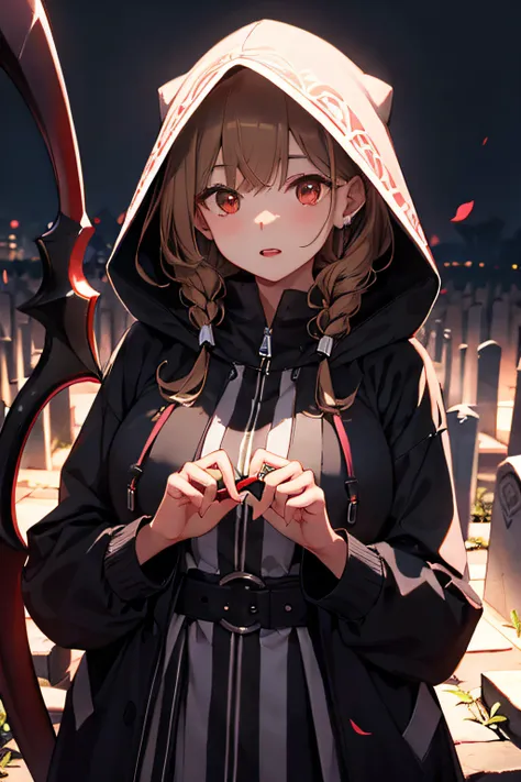 Cute hooded Grim Reaper shrouded in dark mist,Wielding a scythe,Emerge from the swirling shadows.Stand in the Cemetery of Forgotten Souls.(light brown and red striped hair,,,,,:1.3,),Perfect face,Proper body proportion,masutepiece,Super high-quality output...