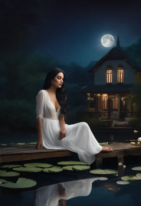 Woman with long black hair, long white dress sitting in front of a dock, a house with water lilies, moonlit night