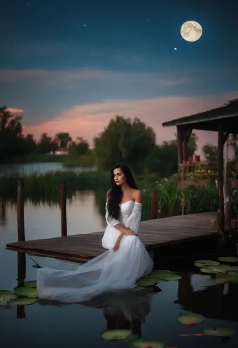 Woman with long black hair, long white dress sitting in front of a dock, a house with water lilies, moonlit night