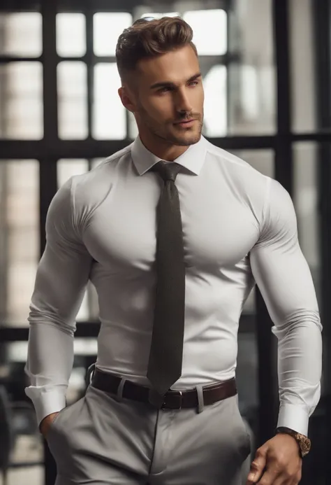 ((( two very handsome muscular male models wearing long sleeve shirts and long satin neckties and gray low cut chino pant fucking each other in the office))), (((both men put their hands on the raised bumpy butts of each other, both muscular chests with ve...