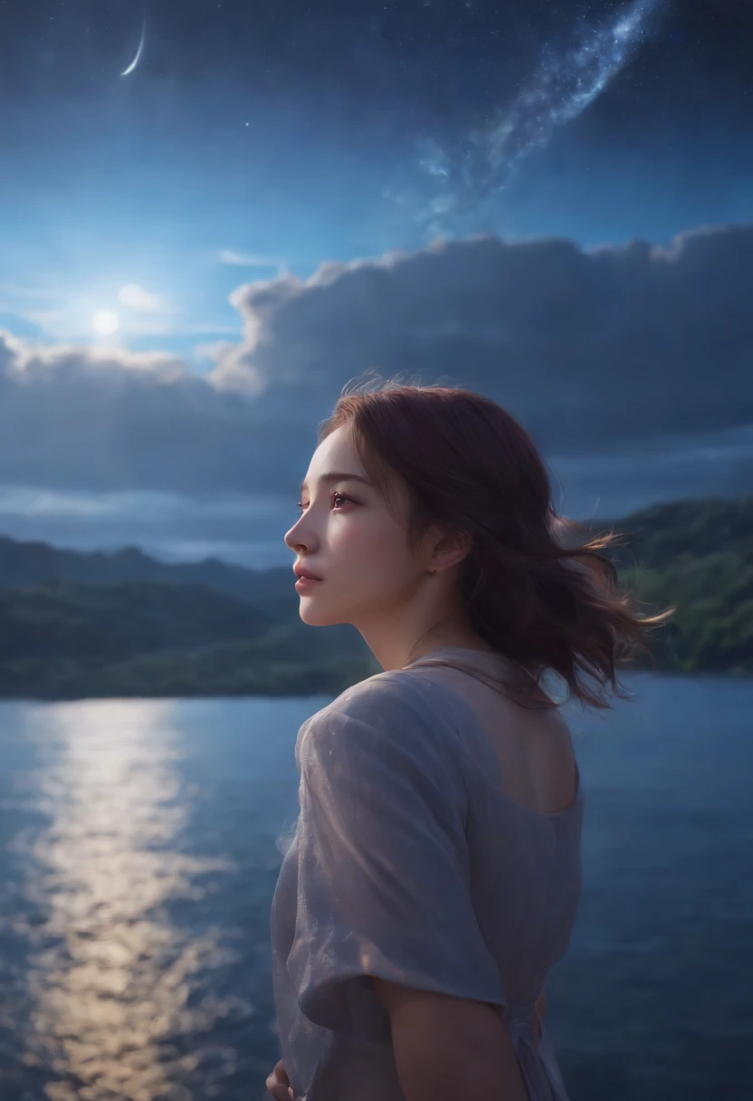 1 girl, eye, close up, beautiful night sky, meteor shower, beyond the clouds, water surrounded, reflections, wide angels, breathtaking clouds, wide angle, by makoto shinkai, thomas kinkade, james gilleard, by holosomnialandscape, hdr, volumetric lighting, ...