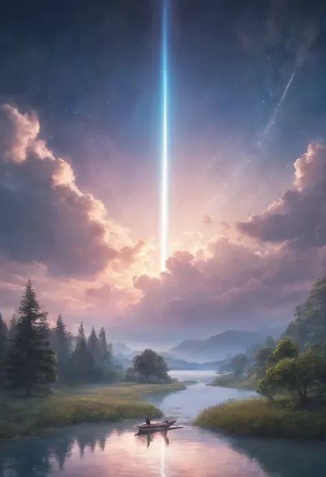 1 girl, eye, close up, beautiful night sky, meteor shower, beyond the clouds, water surrounded, reflections, wide angels, breathtaking clouds, wide angle, by makoto shinkai, thomas kinkade, james gilleard, by holosomnialandscape, hdr, volumetric lighting, ...