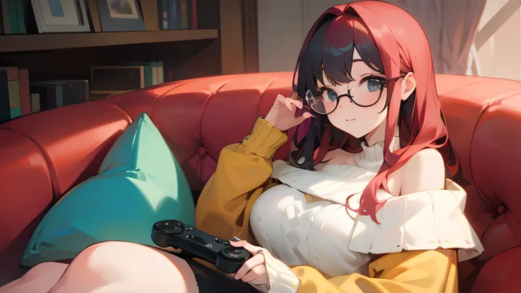 Masterpiece, (Best Quality: 1.2), (Super Fine: 1.2), Film Angle, nerdy, multicolored hair, chubby, sofa, controller, glasses, off-shoulder sweater