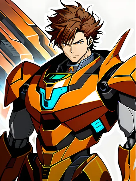 Brown hair male anime character with brown eyes and orange mechanical armor with futuristic technology, cool mecha style, anime big breast, # Mecha,  offcial art,