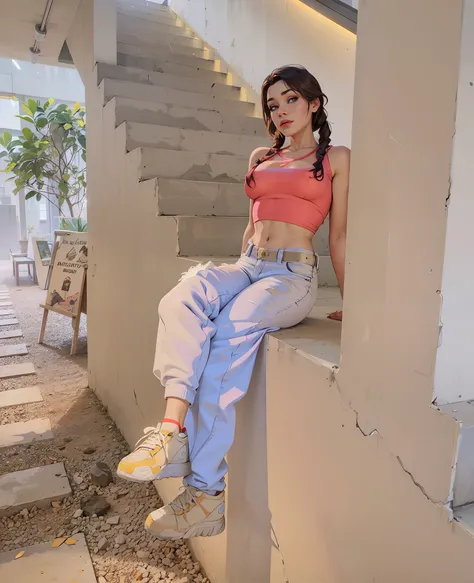 Highest quality,The perfect masterpiece,Perfect artwork,8K,  1girl, sitting on a ledge, with ripped crop t - shirt, she is wearing streetwear, jisoo from blackpink, casual clothes, casual pose, kawaii bikini and jeans, pink clothes, ulzzang, vibrant aesthe...