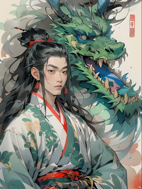 (((China-style，Ink painting method，Half-length portrait，Intense color，Han dynasty, China，Hanfu，Armor，Guan yu，Guan Yunchang，of a guy，Ruddy killing square face，Hold the Blue Dragon Moon Knife in his right hand，Stroke your beard with your left hand，Long hair，...