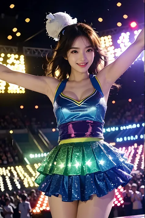 Beautiful Korean idol cheerleader
posters,Painting,high resolution,Ultra-detailed,Realistic:1.37,Vivid colors,hdr,Studio lighting,Sharp focus,
Dance energetically,Smiling happily,Perfect makeup,Stunning costumes,
crowd cheering,exciting atmosphere,dynamicp...