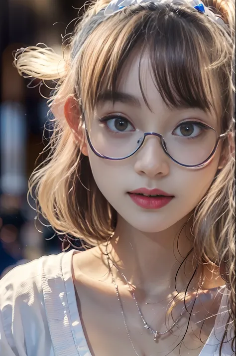 (Front Focus)、(ultra-detailliert、16 K、Raw photo: 1.6)、Portrait of a hyperrealist woman、Fantasia 、art by、photoRealstic、Dynamic lighting、Volume Lighting、extra detailed face、女の子1人、sixteen years old、eye glass（White ONE PIECE DRESS、Back exposure、Exposed shoulde...