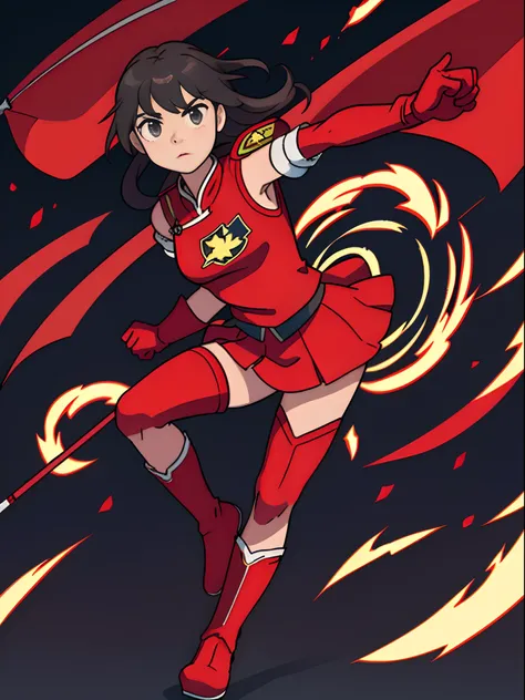 High-end CG screen:Superhero Five-Star Red Flag Girl wearing a delicate Chinese Five-Star Flag logo uniform，Wear red gloves on both hands+Wear red boots on your feet+National flag，The whole body exudes the superpowers of a five-star red flag girl，，，soio，Fu...