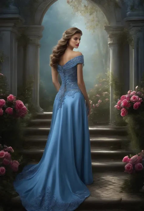 Esto es realista (((fantasy))) Artwork set in the frozen blue rose garden of an enchanted ice castle in winter and should consist of many shades of cool blue colors. Its snowing a lot. Generar una mujer orgullosa con un (((Cara altamente detallada))) Dress...