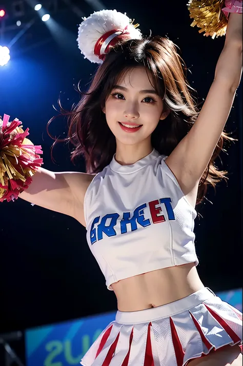 Beautiful Korean idol cheerleader
posters,Painting,high resolution,Ultra-detailed,Realistic:1.37,Vivid colors,hdr,Studio lighting,Sharp focus,
Dance energetically,Smiling happily,Perfect makeup,Stunning costumes,
crowd cheering,exciting atmosphere,dynamicp...