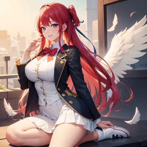 Beautiful girl with angel wings, backgroundbacklighthigh-resolution ，top-quality，Beautiful Beautiful Girl，超A high resolution，A smile，Perfect Beautiful Girl，Colossal tits，校服、blazers，multicolored hair，harems，校服，blazers，