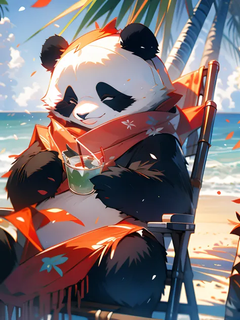 1 cute panda,outdoors,solo,On the beach,Face Close-up,portrait painting,Take the drink,hat,furry,leaf,standing,red scarf,no humans,Scarf,Coconut Tree,MG xiongmao,petals falling,Lie on the chair,Sky,Cloud,seagull,.