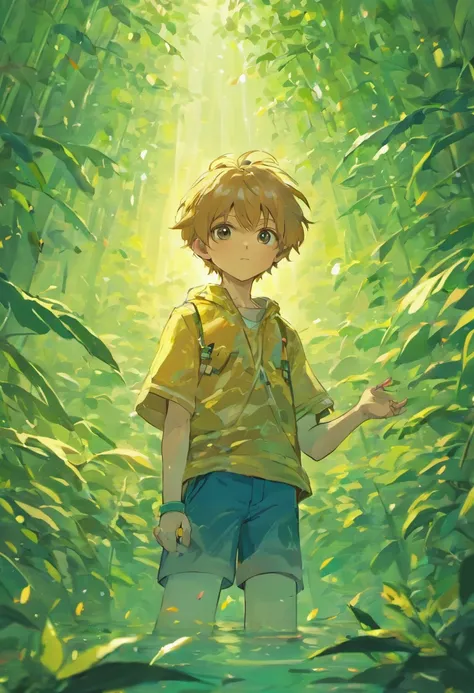 A boy with his back to an avalanche，Surrounded by wicker，Willow leaves flutter，A leaf knows autumn，Holding a fish tank in his hand，There were no fish in the tank, This is a sight of the mountains, Rivers and oceans，anime big breast