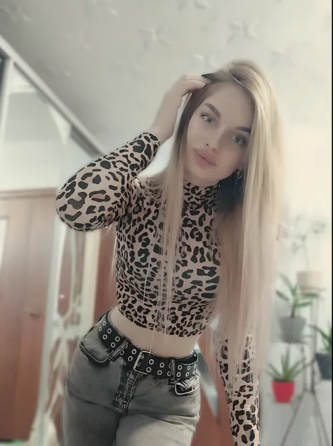 blond woman with long hair and leopard print top posing for a picture, anna nikonova aka newmilky, sexy girl, with long blond hair, by Emma Andijewska, 18 years old, dasha taran, sexy look, angelina stroganova, tight outfit, 19-year-old girl, ekaterina, an...