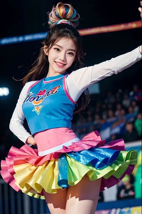 Beautiful Korean idol cheerleader
posters,Painting,high resolution,Ultra-detailed,Realistic:1.37,Vivid colors,hdr,Studio lighting,Sharp focus,
Dance energetically,Smiling happily,Perfect makeup,Stunning costumes,
crowd cheering,exciting atmosphere,dynamicp...