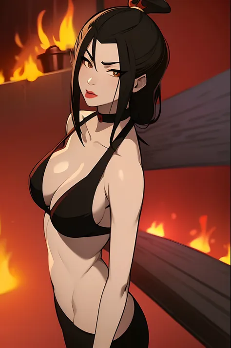 masterpiece, best quality, 1girl, azula, makeup, cleavage, (black bikini), lipstick, looking at viewer, fire, simple background