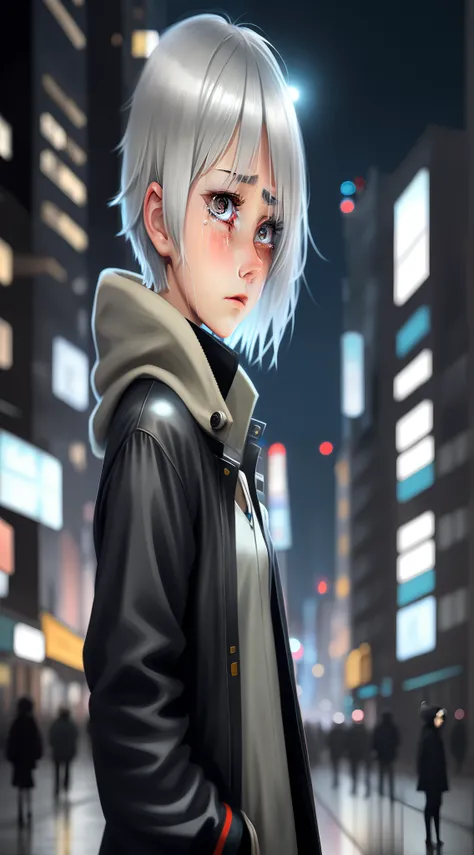 Anime girl, crying, short silver hair, background night city