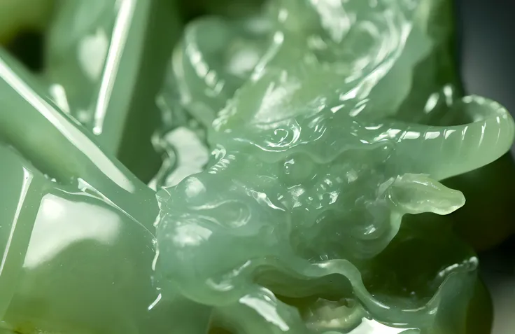 There is a statue of a green dragon on the greenery，With a pen, a dragon statue made of jade, scales made of jade, jade sculpture, beautiful green liquid, gelatinous green goop, close up portrait shot, Close-up Shot Shot, highly detailed melted wax, close ...