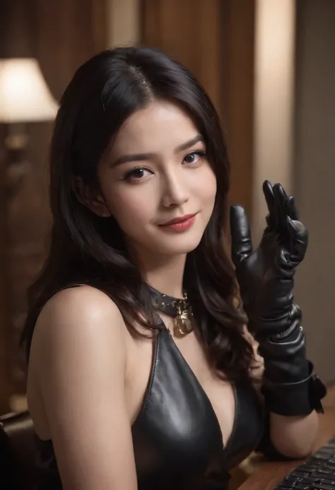 Wearing black leather gloves in both hands Upper body Black leather riders jacket Necklace on the chest Facing the desk in the modern study in the dark, looking down and smiling, long straight black hair Young Japanese woman (black leather gloves covering ...