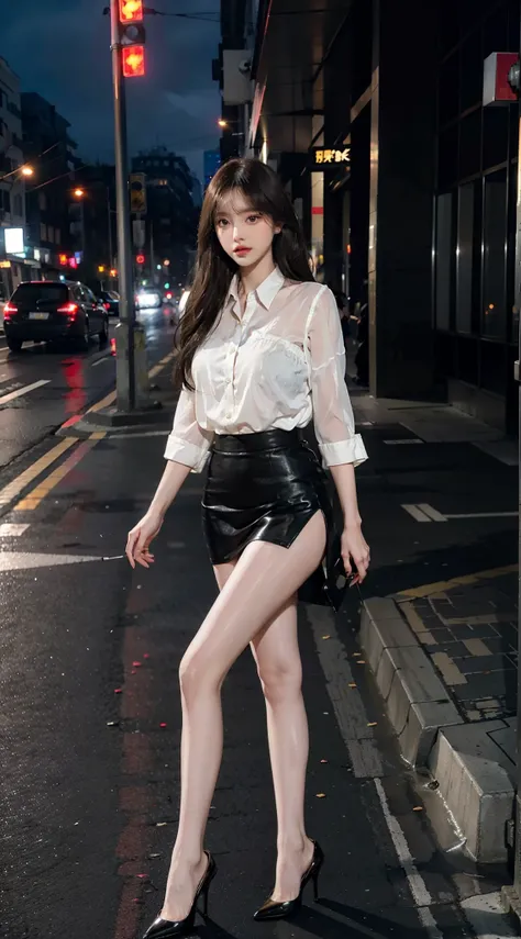 Heavy makeup，Stiletto pointed toe heels，Transparent colorless flesh silk pantyhose，Long legs，8K，On the street，the night，By bangs，Single ball head，tightshortsleeve，Short skirt at the bottom，Two women