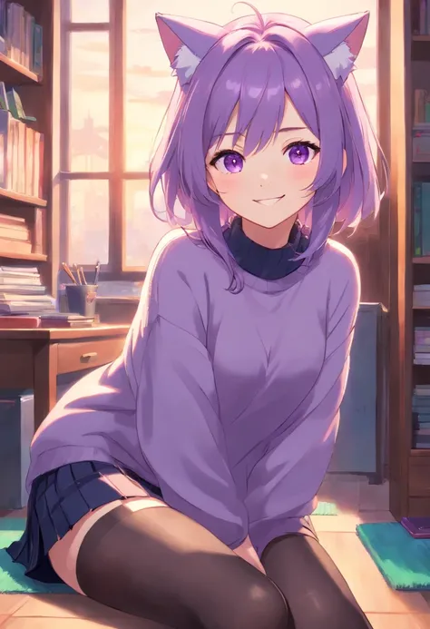 masterpiece, best quality, 1girl, ((looking at viewer)), lilac hair, purple eyes, long hair,  ahoge, sweater, sweater skirt, pantyhose, solo, sole, smile, cat ears, cat tail, fang, catgirl, animal ears