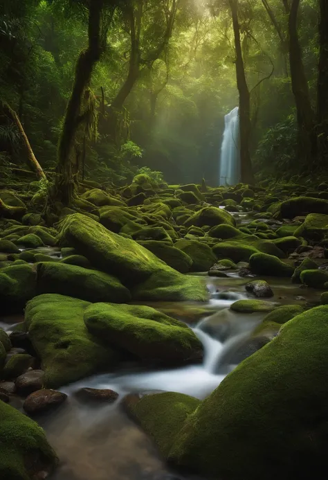 A tropical forest, dense forest, stream running through the middle, large trees, remote and inhospitable place