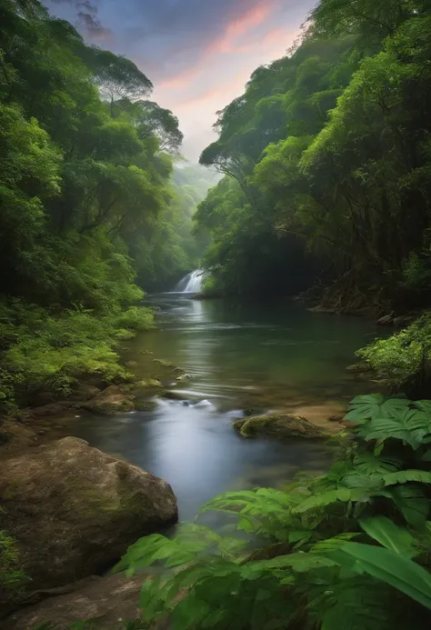 A tropical forest, dense forest, stream running through the middle, large trees, remote and inhospitable place