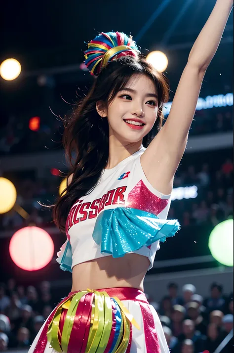 Beautiful Korean idol cheerleader
posters,Painting,high resolution,Ultra-detailed,Realistic:1.37,Vivid colors,hdr,Studio lighting,Sharp focus,
Dance energetically,Smiling happily,Perfect makeup,Stunning costumes,
crowd cheering,exciting atmosphere,dynamicp...