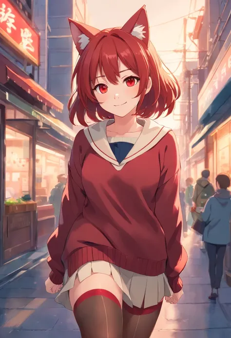 masterpiece, best quality, 1girl, ((looking at viewer)), red hair, red eyes, long hair, ahoge, sweater, sweater skirt, pantyhose, solo, sole, smile, cat ears, cat tail, fang, catgirl, animal ears